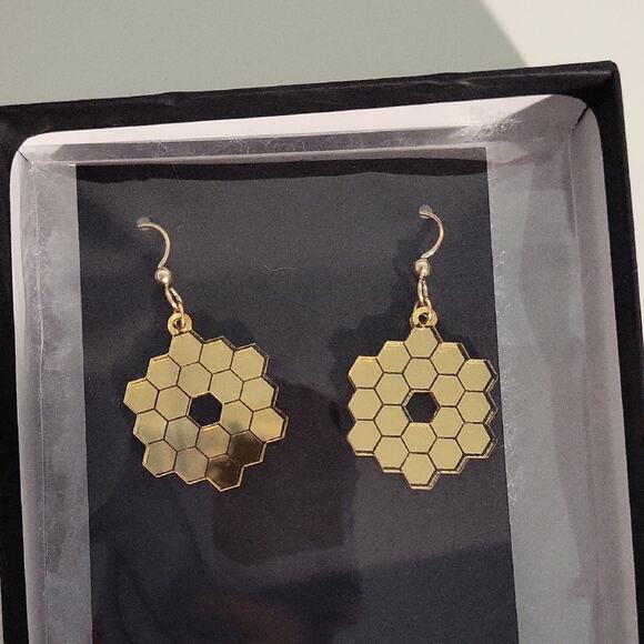 James Webb Chic Gold Hexagon Mirror Acrylic Earrings - Picture 1 of 2